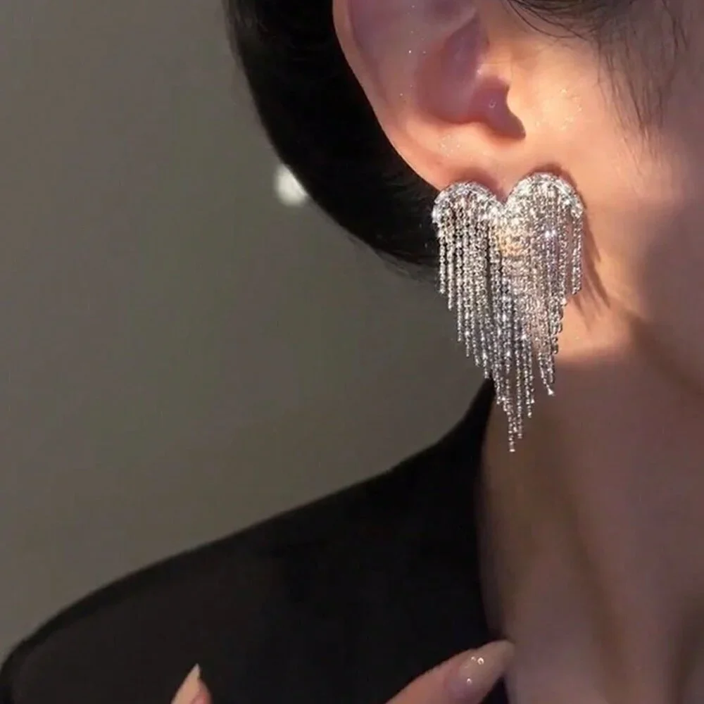 Silver Casual Women's Heart Shaped Rhinestone & Tassel Earrings